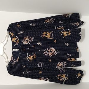 Navy Blue Flowered Long Sleeve Round Neckline Top sz XL = 16